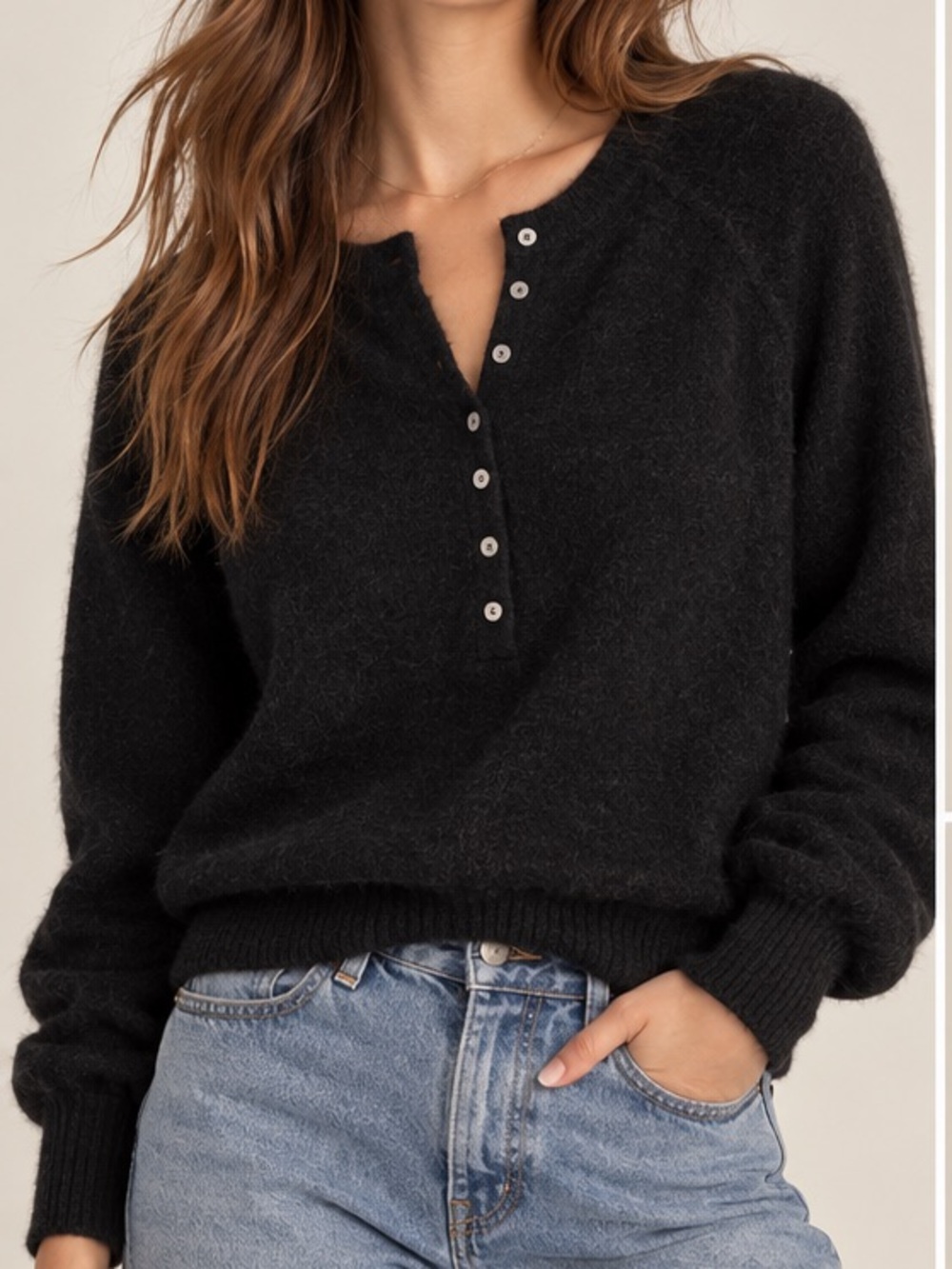 Free People 100% Cashmere Black Henley Button Sweater Size Small